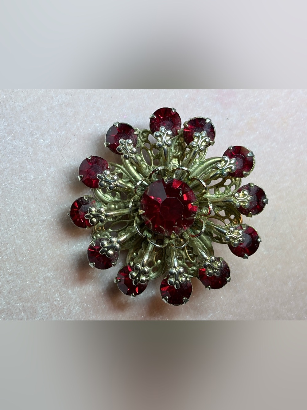 Vintage-Inspired Red Crystal Floral Brooch